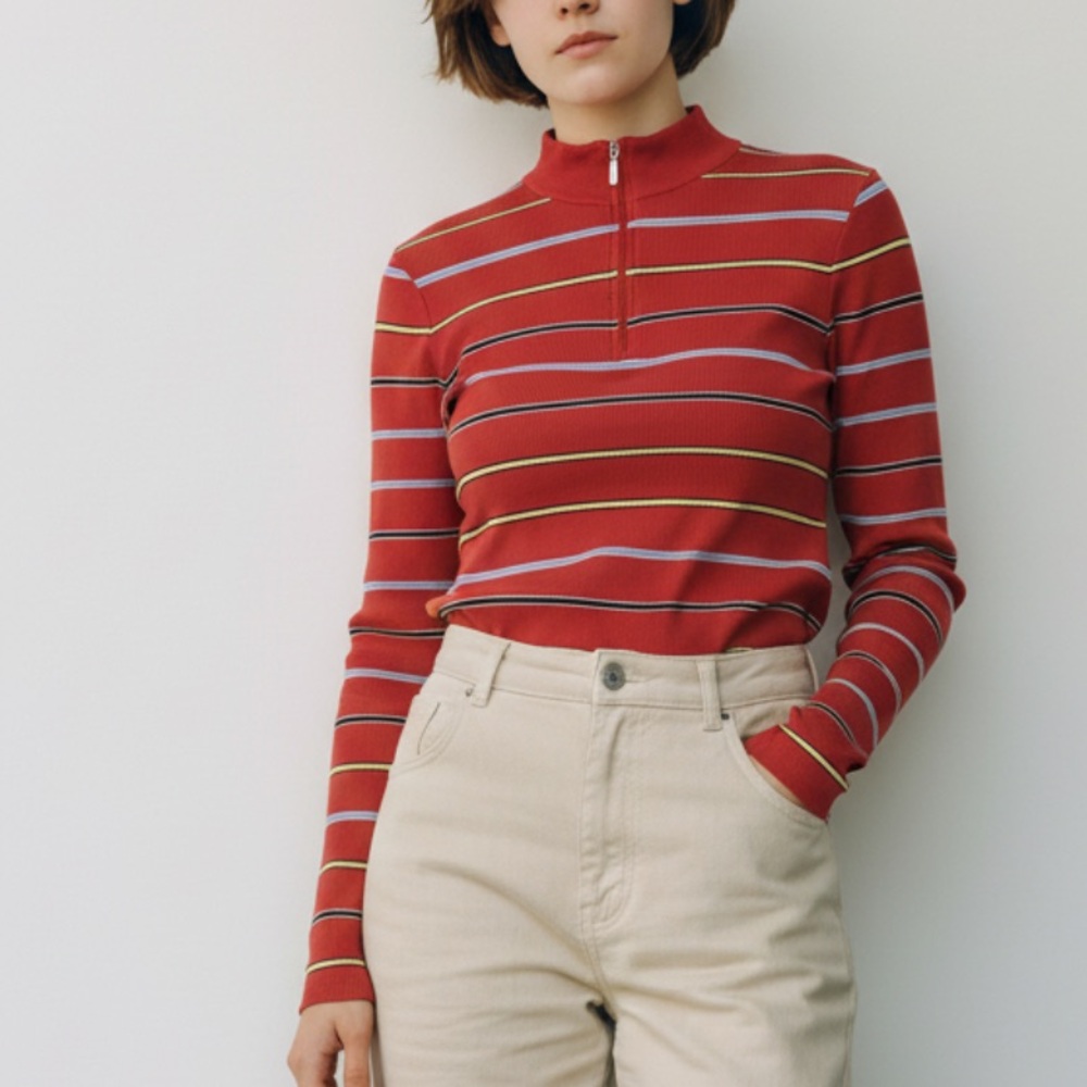 Vintage Y2K Horizontal Stripe 1/4 Zip Top L